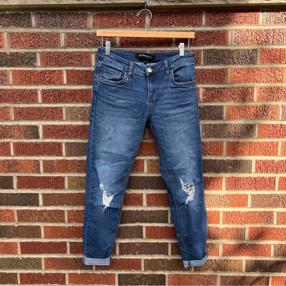 Prosperity Dark Denim Washed Distressed Mid Rise Skinny Jeans